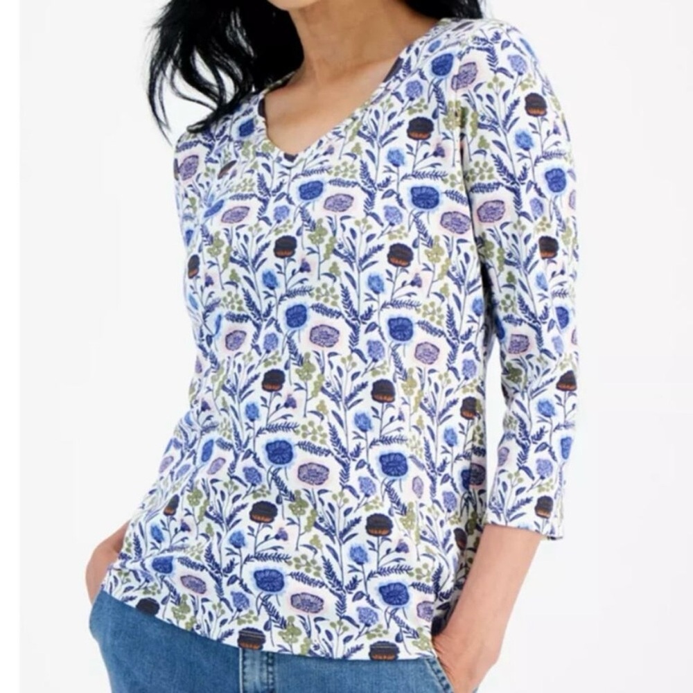 Style & Co. White Floral V‑Neck Henley 3/4-Sleeve Top with Blue and Pink Print